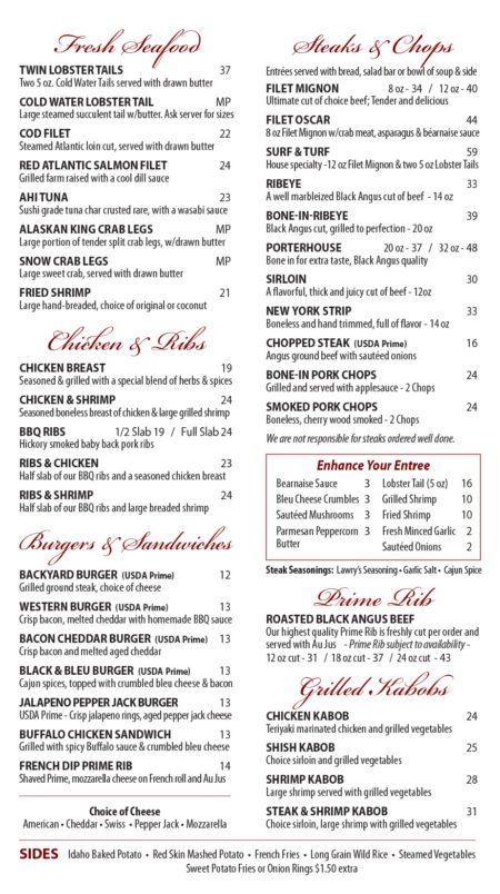 Our Dining Menu – The Backyard Steak Pit